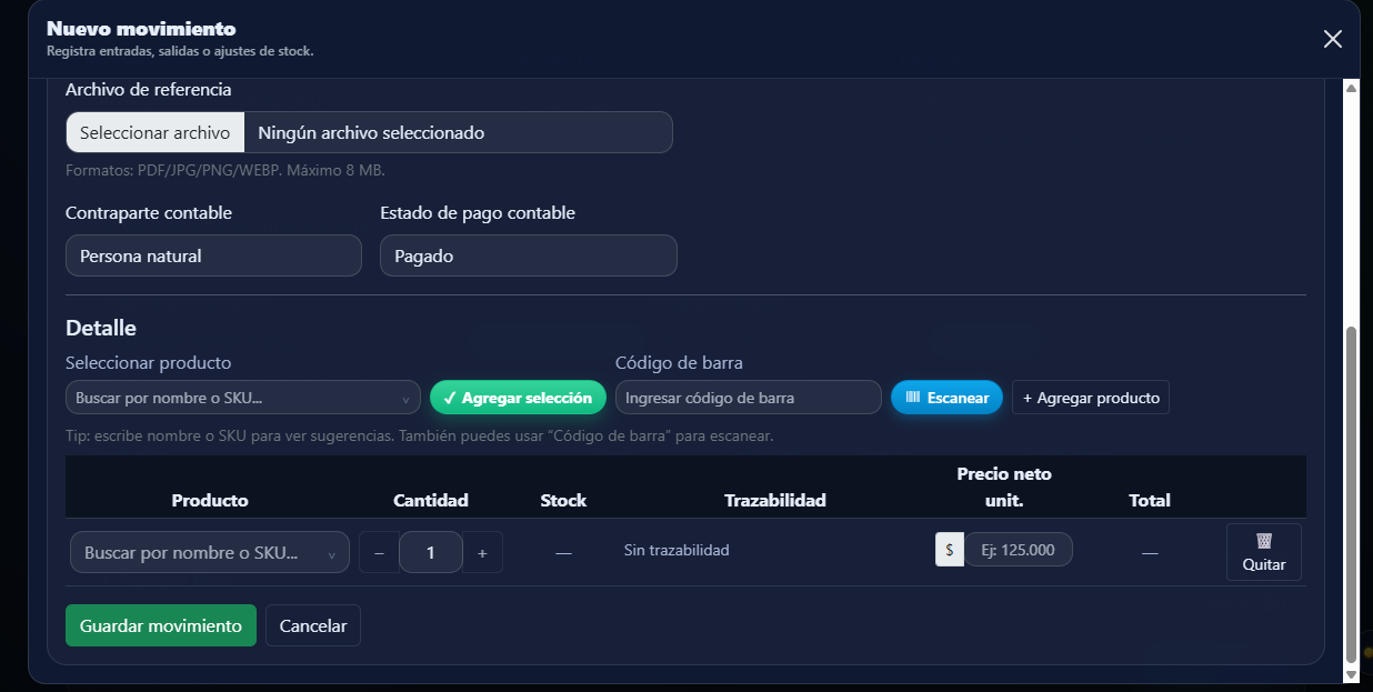 Registro de movimiento de inventario en Operis